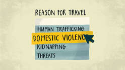 Illustration of a selection box. The top reads "reason for travel" and it appears that a person is about to click on the option reading, "domestic violence".