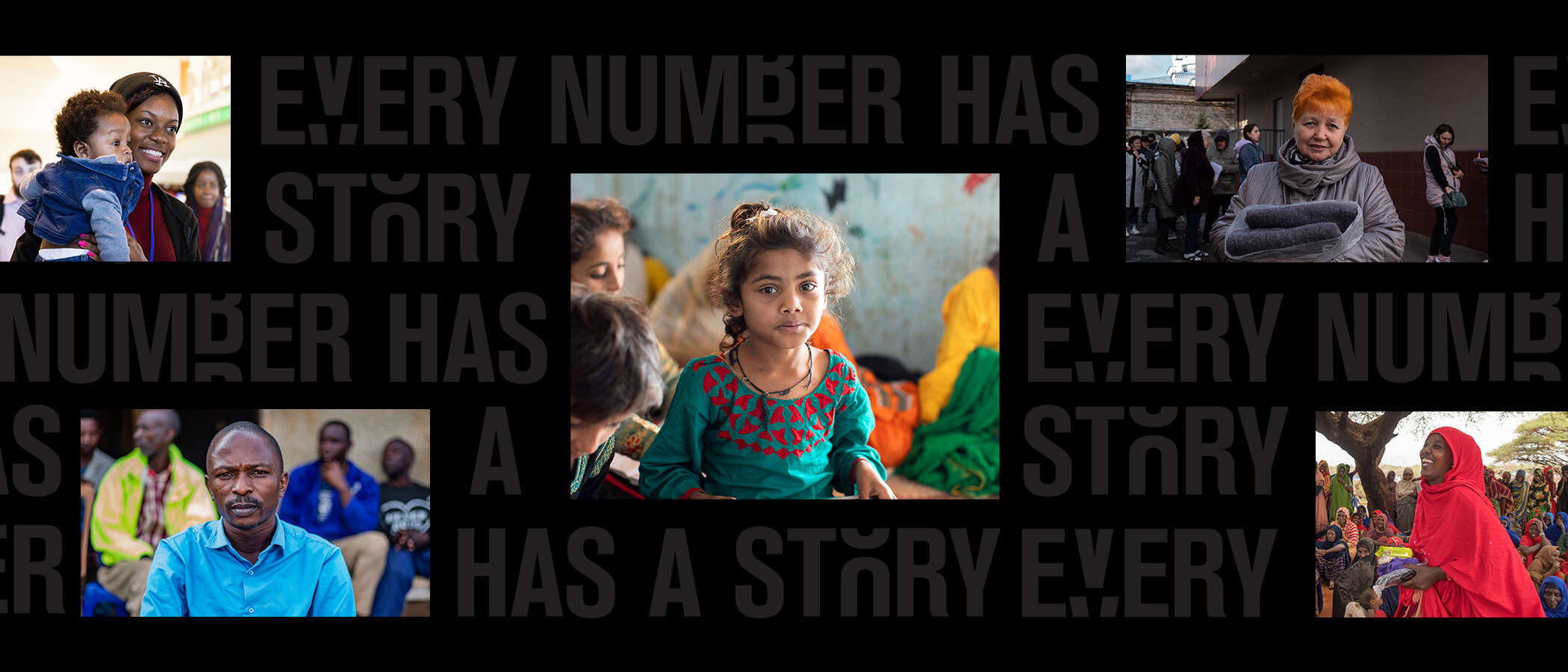 Various people who have been forced to flee their homes. At the center is a young girl looking straight at the camera. 